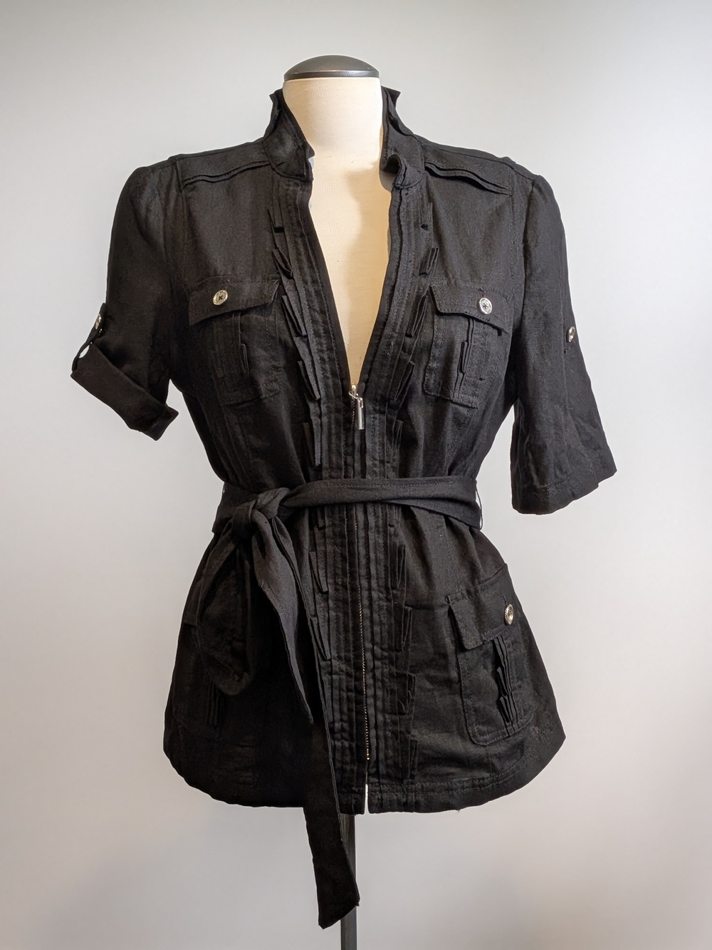 Black Belted Women's Utility Jacket Top Linen Military Utilitarian Shirt